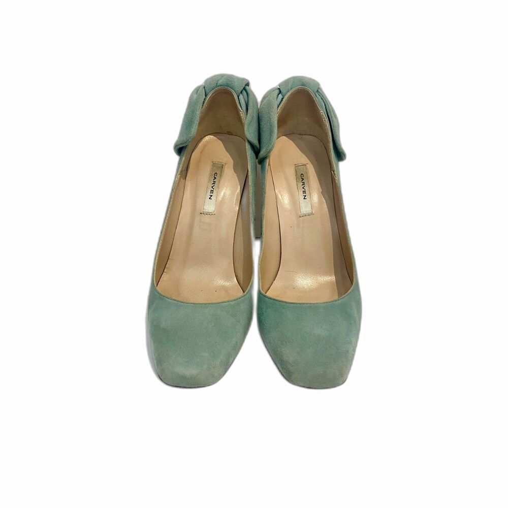 Carven Tiffany blue suede bow back 4"/100mm high heel pumps